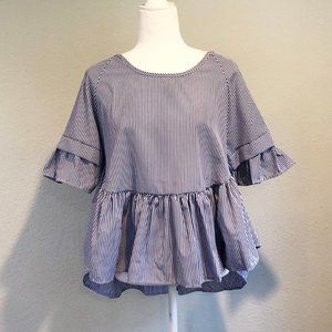 Boutique White & Navy Striped Peplum Blouse